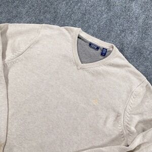 Izod‎ Sweater Mens Large Beige Logo Knit Classic Fit V-Neck Long Sleeve Pullover